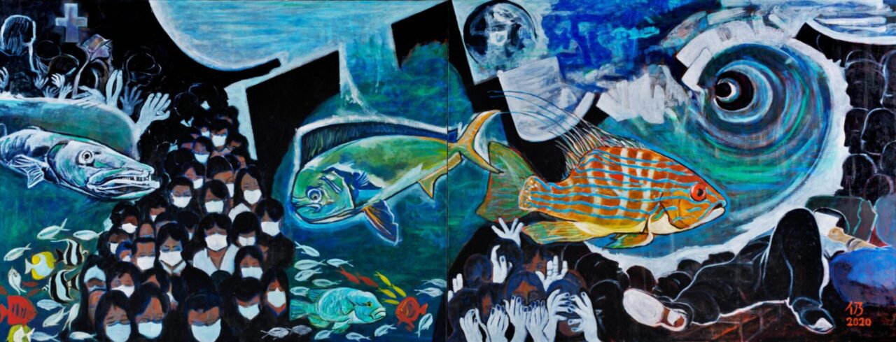 魚たちは何を思う（異常気象、コロナ禍）副題として異常気象が右側、コロナ禍が左側